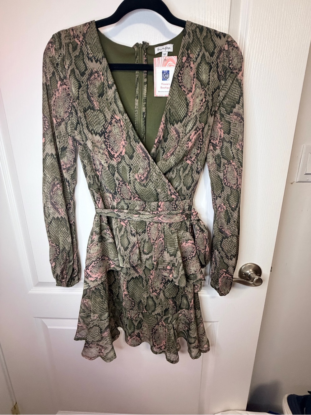 love, Fire Olive and Pink Snake-Print Long Sleeve Wrap Dress